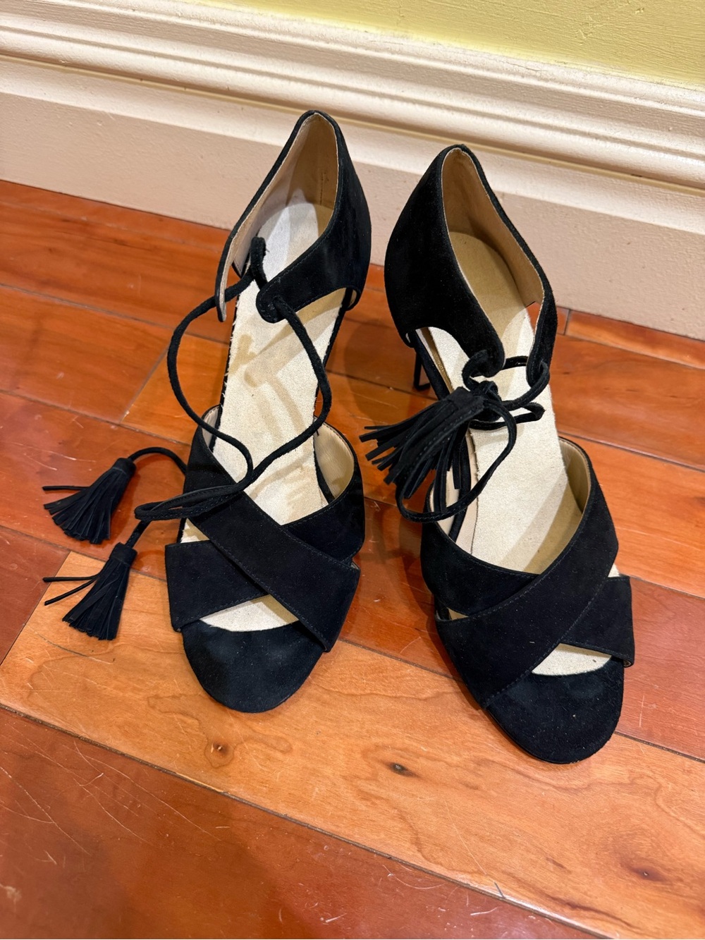 Ann Taylor Black Suede Cross-Strap Tassel Heels